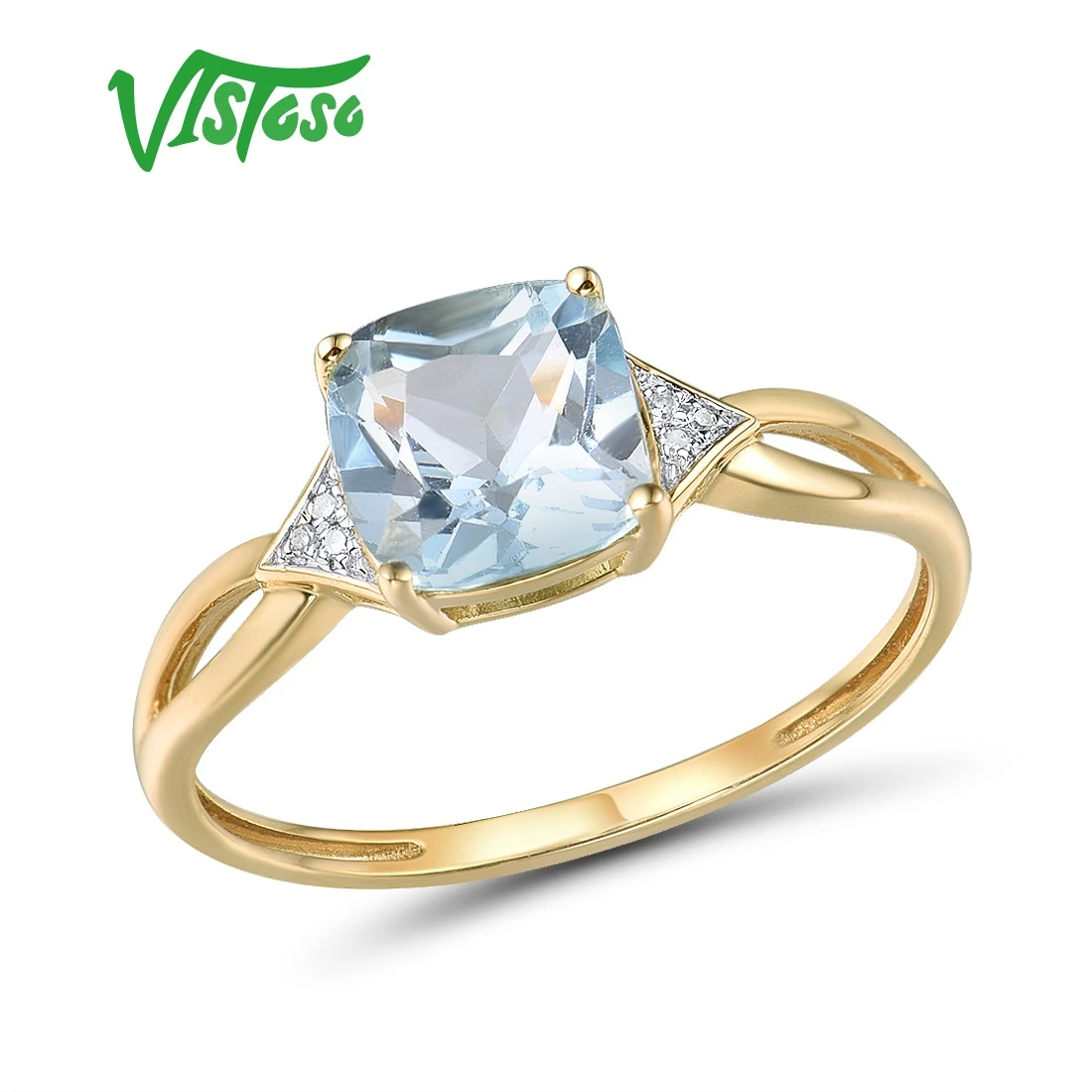 VISTOSO Pure14K 585 Yellow Gold Ring For Women Sparkling Diamond Limpid Blue Topaz Anniversary Classic Fine Jewelry