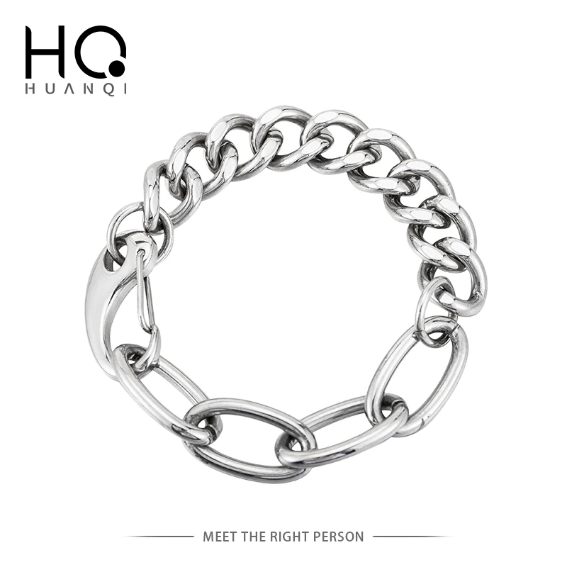 HUANZHI Silver Color Punk Bangle Classic Hip Hop Harajuku Thick Chain Thin Double Pendant Link Round Bracelet For Men Jewelry