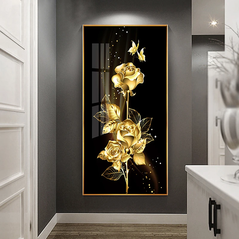 Black Golden Rose Flower Butterfly Abstract Poster Nordic Art Plant Canvas Painting Modern Wall Picture for Living Room Decor