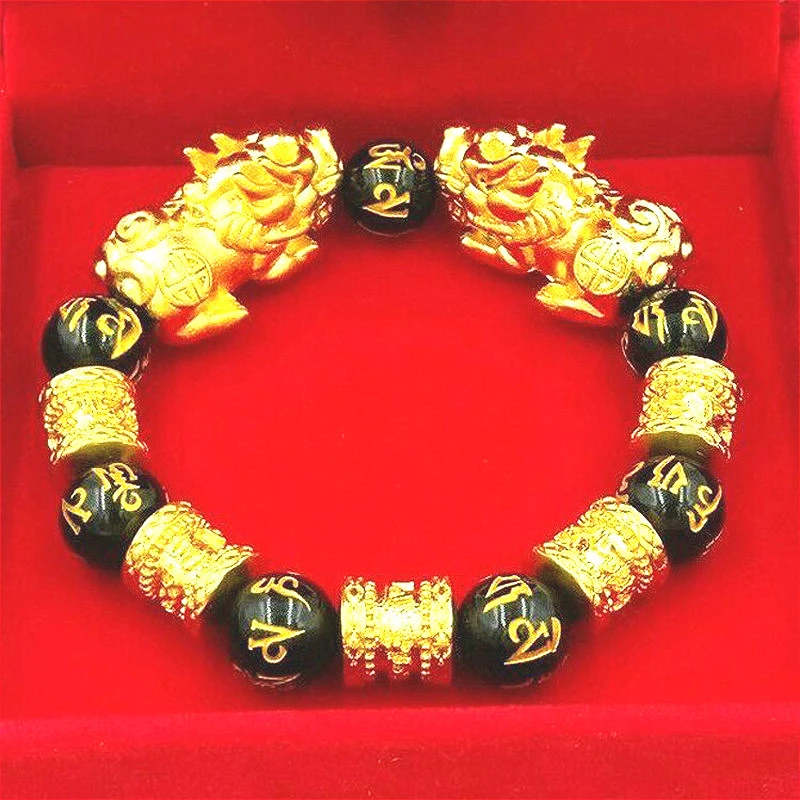 Feng Shui Obsidian Stone Beads Bracelet Men Women Unisex Wristband Gold Black Pixiu Wealth and Good Luck Women Jewelry Bracelet