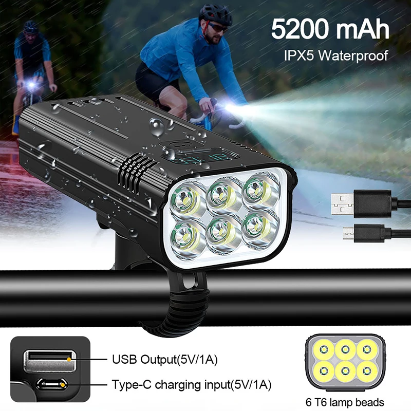 USB Front Bicycle Light 5 LED Bike Handlebar Lamp Digital Display Cycling Flashlight with TYPE-C Charging Power Bank Function