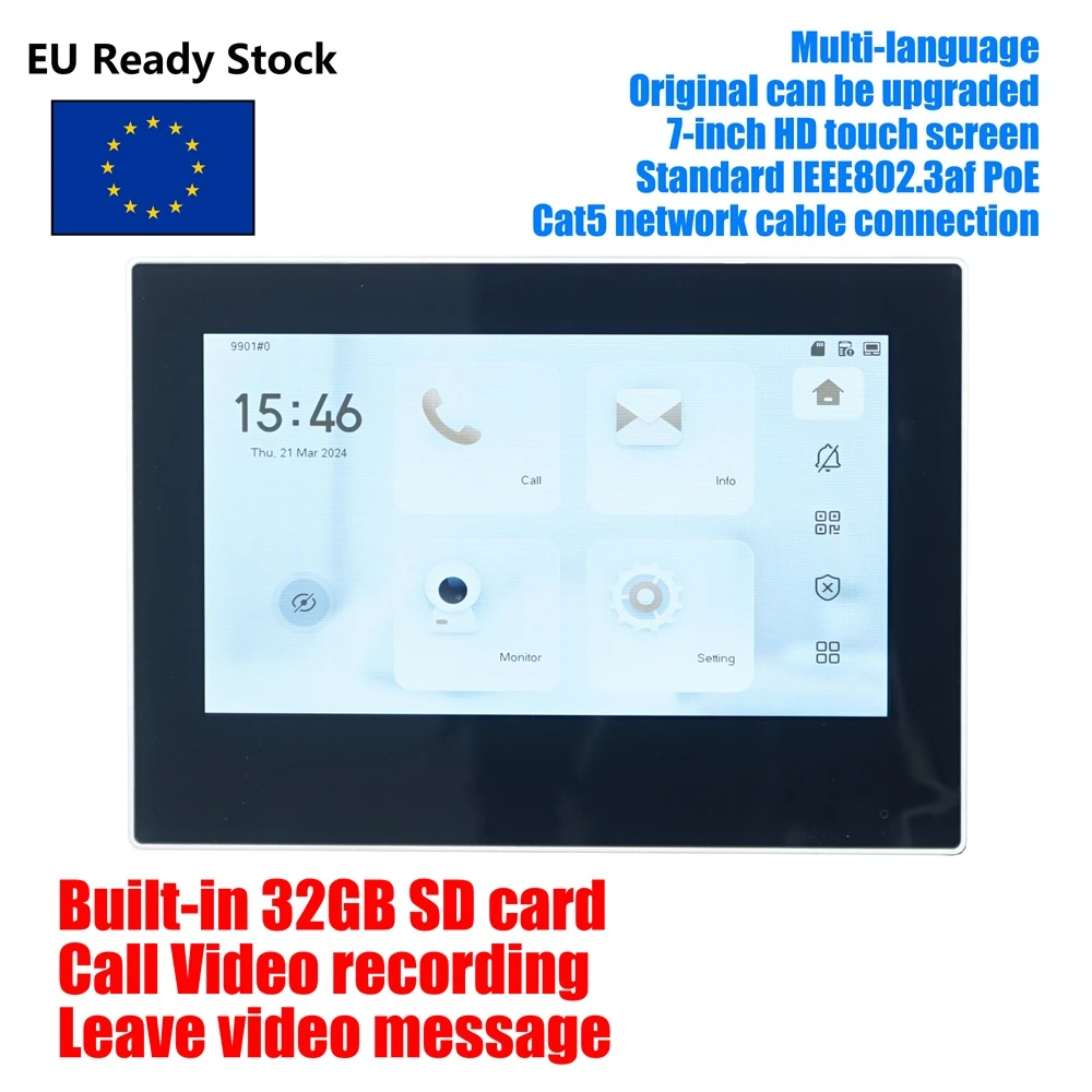 DH multi-language VTH2421FW-P 802.3af PoE 7inch Touch Indoor Monitor,IP doorbell Monitor, Video Intercom monitor,SIP version