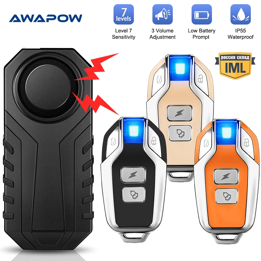 Awapow Wireless Anti-Theft Motorcycle Bike Alarm with Remote, Waterproof Bicycle Security Alarm Vibration Sensor 113dB Loud
