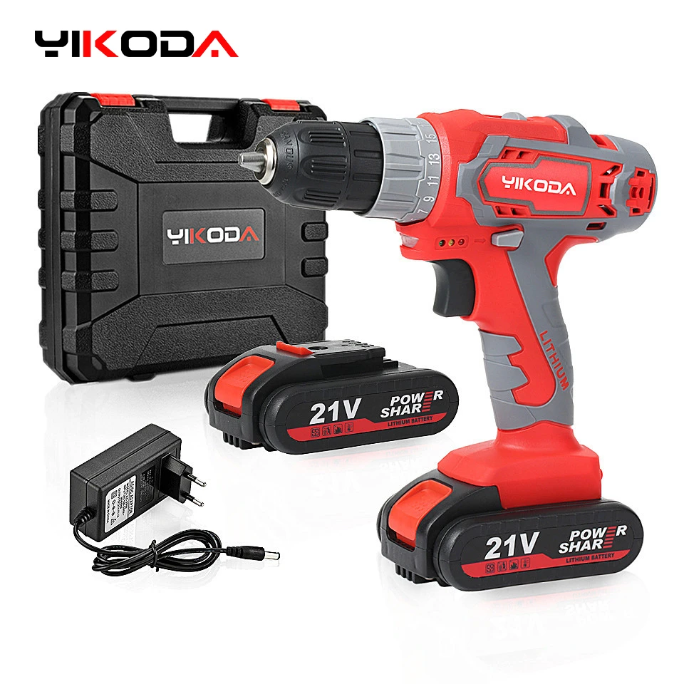 YIKODA 21V Electric Screwdriver Lithium Battery Rechargeable Cordless Drill DIY Mini Two Speed Household Power Tools