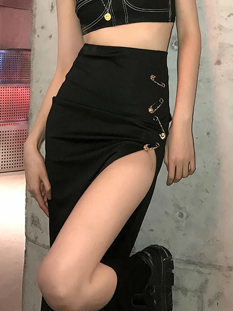 Goth Dark Mall Gothic Grunge Punk Black Midi Skirts Women Aesthetic Emo Alternative Clothing High Waist A-Line Party Long Skirt