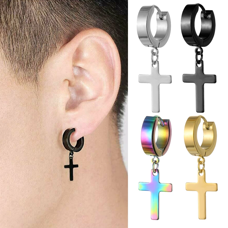 1 Piece Women Men's Stainless Steel Earrings Black/Silver Color Cross Gothic Punk Rock Style Pendientes Dropping Mujer Moda