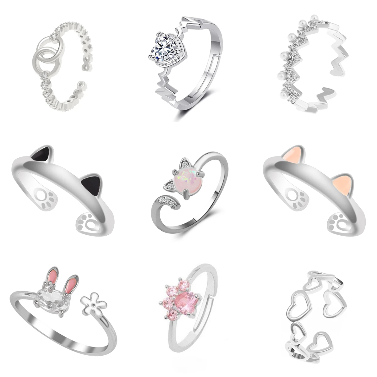 Cat Ear Finger Ring Open Design Cute Footprints Fashion Jewelry Ring For Women Young Girl Child Gift Adjustable Animal Ring