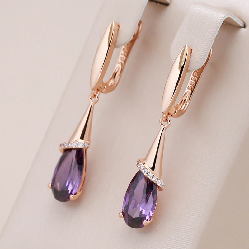 Kinel Fashion Women Long Earrings Luxury 585 Rose Gold Water Drop Purple Natural Zircon Dangle Earring Fine Jewelry Crystal Gift