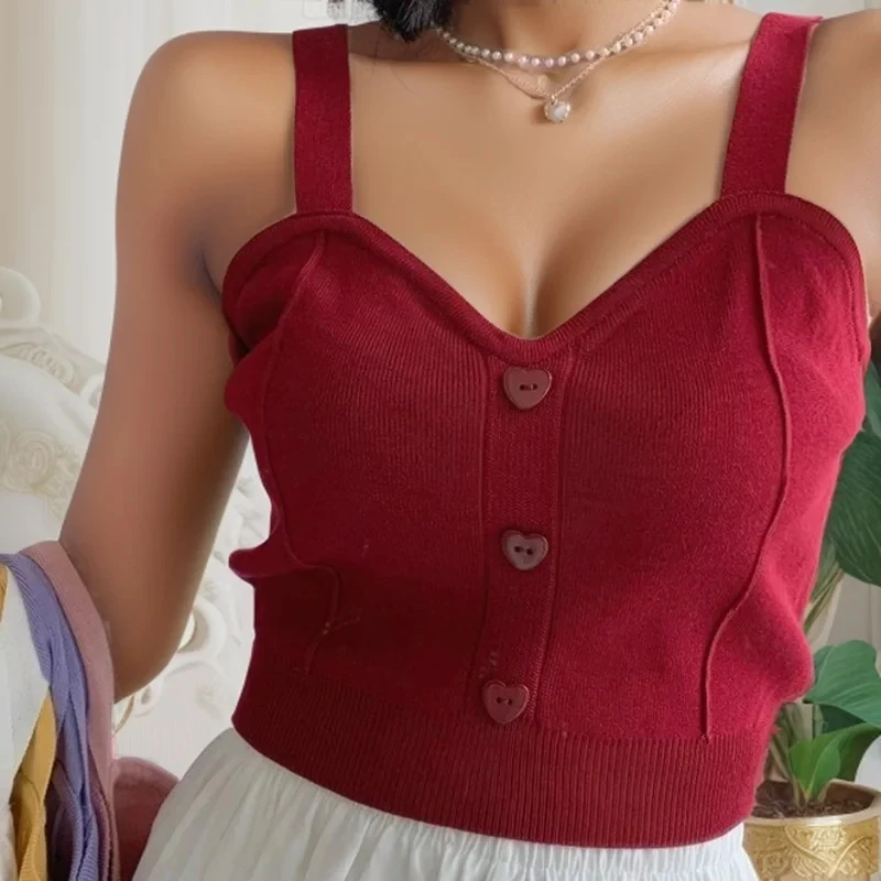 HELIAR Women Knitted Crop Top With Buttons Strap Tank Tops Women Summer Camis Solid Women's Clothes Bustier Top Female Crop Tops