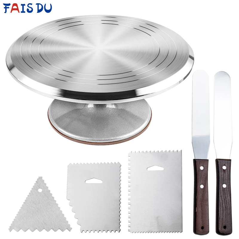 6Pcs/set Turntable Cake Decoration Accessories Set Rotating Cake Stand Tools Metal Stainless Steel Pastry Spatula Scraper