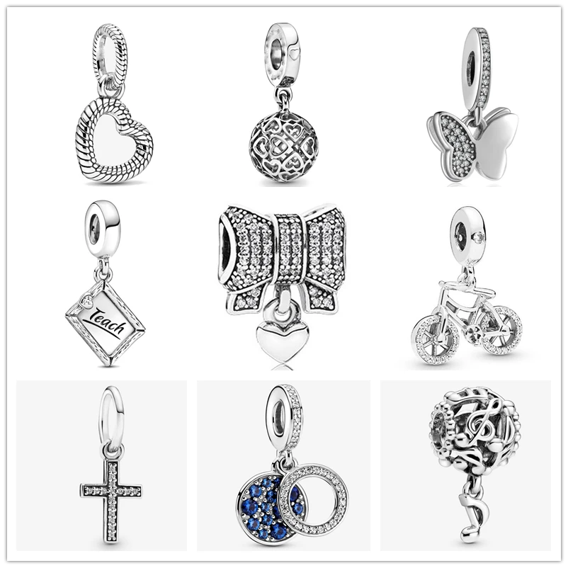 925 Silver Openwork Sparkling Cross Open Heart Dangle Charm Beads Fit Original Pandora Bracelet Pendant DIY Jewelry For Women