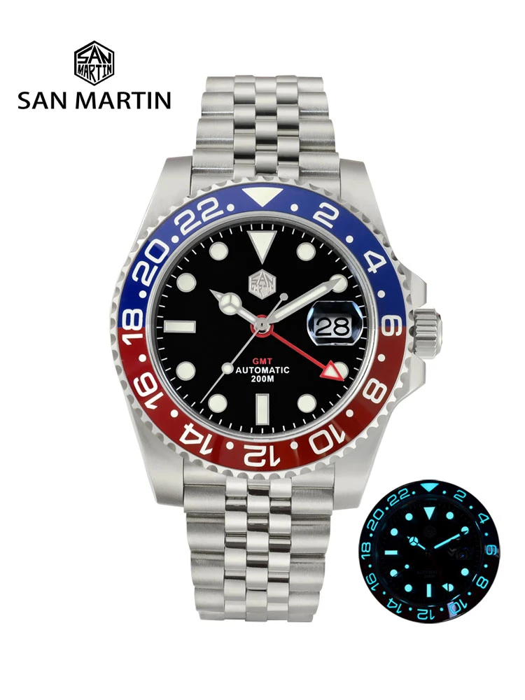 San Martin GMT Luxury Men Watch Jubilee Bracelet Bidirectional Ceramic Bezel Sapphire Cyclops Waterproof 20Bar BGW-9 Luminous