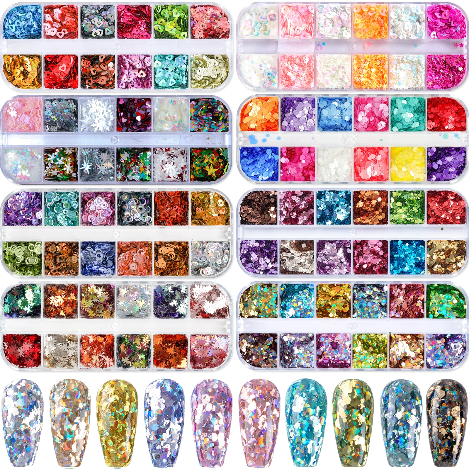 12 Colors Acrylic Nail Art Glitter Sequins Decals Set For Fake Nails Tips Decoration Beauty Manicure Tools Mouse