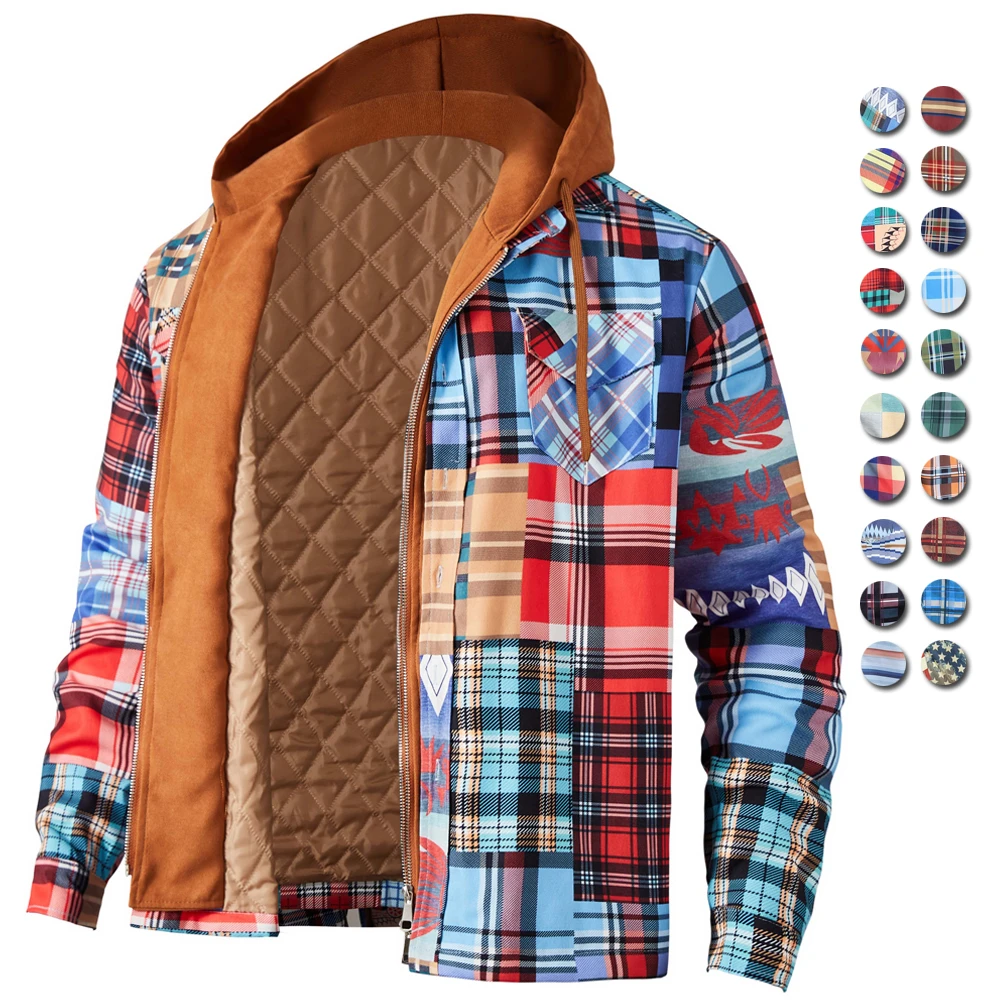 Mens Autumn Winter Jacket Harajuku Plaid Hooded Zipper Long Sleeve Basic Casual Shirt Jackets European American Size S-5XL