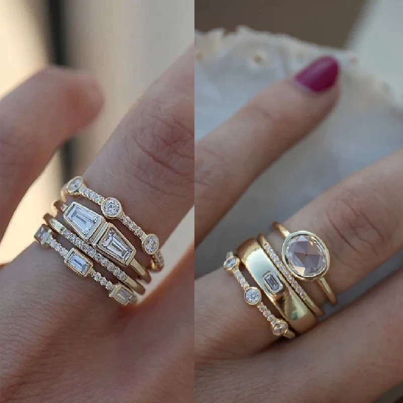 4 pcs/set Geometric Gold Color Combination Round Zircon Crystal Rings Set  for Women Engagement Party Wedding Rings Hand Jewelry