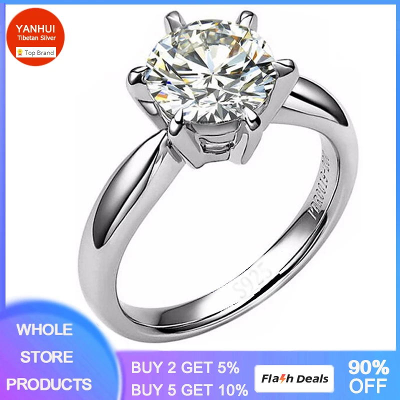 YANHUI With Certificate Real Natural Solid 925 Sterling Silver Rings Luxury 1 Carat Lab Diamond Wedding Rings for Women R9256