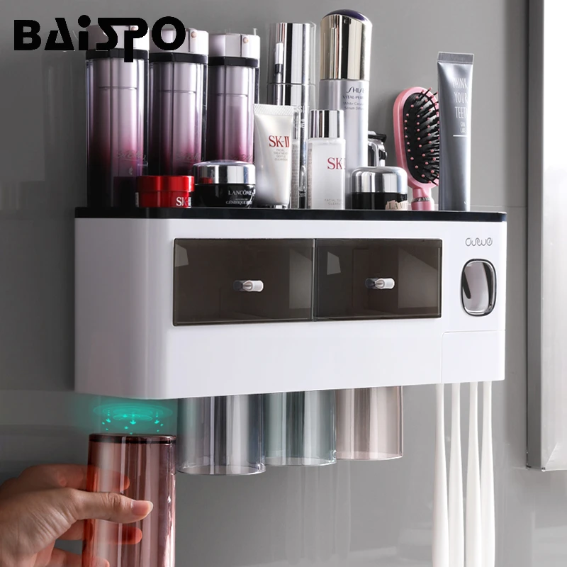BAISPO 2020 Toothbrush Holder With Magnetic Cups Automatic Toothpaste Dispenser Holder Wall Mount Storage Bathroom Accessories
