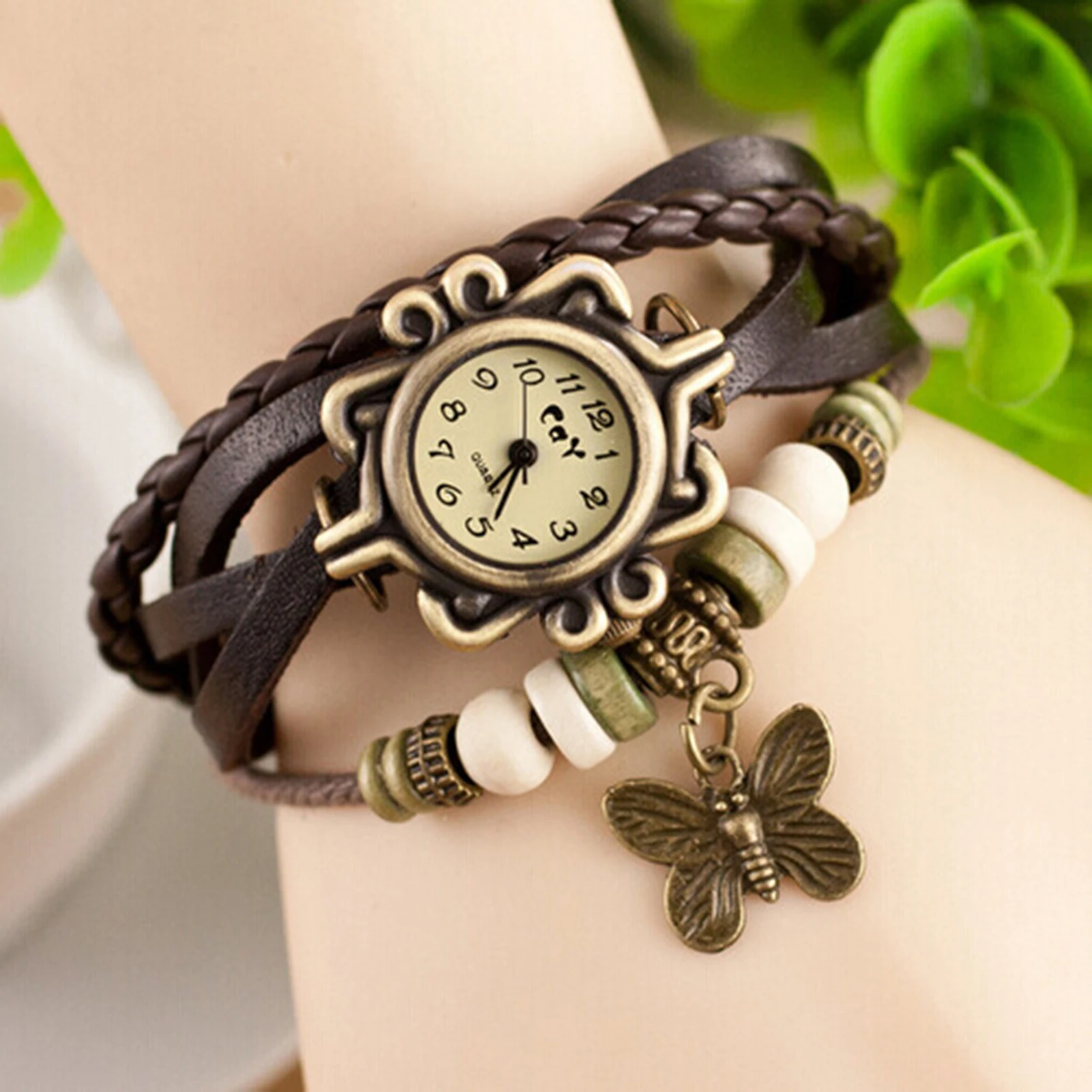 Multicolor High Quality Women Genuine Leather Vintage Quartz Dress Watch Bracelet Wristwatches leaf gift Christmas free shipping