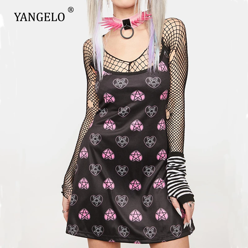 Yangelo Gothic Black Sexy Dress Women Spring Summer 2021 Casual Retro Sleeveless Street Fashion Girl Lace Strap Mini Dress Woman