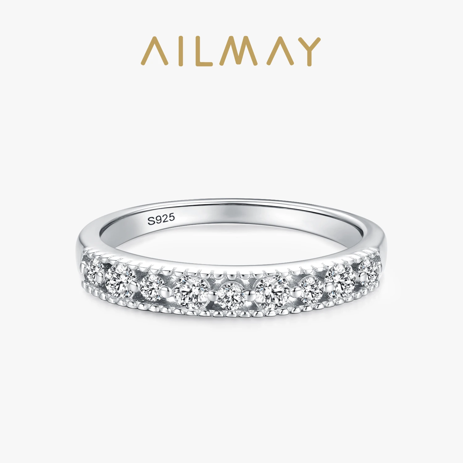 Ailmay Real 925 Sterling Silver Clear Zircon Finger Ring Stackable Round Rings For Women Wedding Engagement Fine Female Jewelry