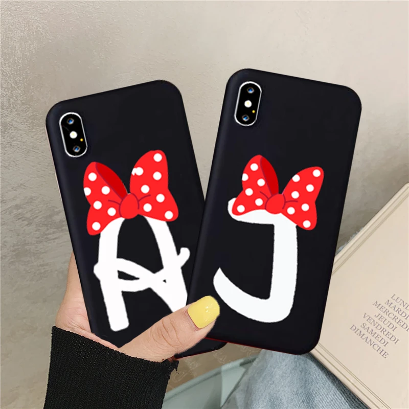 JAMULAR Cute Cartoon Bow Letter Phone Case For iPhone XS MAX X 12 11 Pro XR 7 8 6Plus Black Silicone Soft Back Cover Fundas Bag