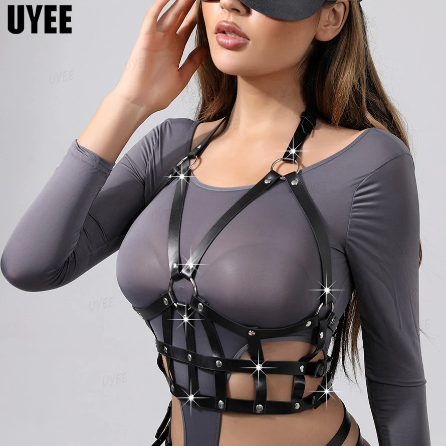 UYEE Sexy Body Garters Women PU Leather Harness Bra Sword Belts Goth Bondage Punk Suspenders Straps Lingerie Chest Harness