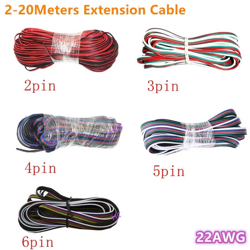 5m-100m 22awg 2pin 3pin 4pin 5pin 6pin Extension Electric Wire 5050 3528 RGB RGBW RGBWW RGBCCT LED Strip Extend Cable Connector
