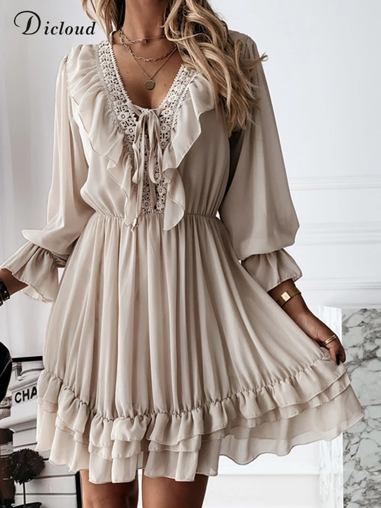 DICLOUD Sexy Lace Women's Party Dress Elegant Long Sleeve Ruffle Chiffon White Dress Summer V Neck Ladies Wedding Clothing 2021