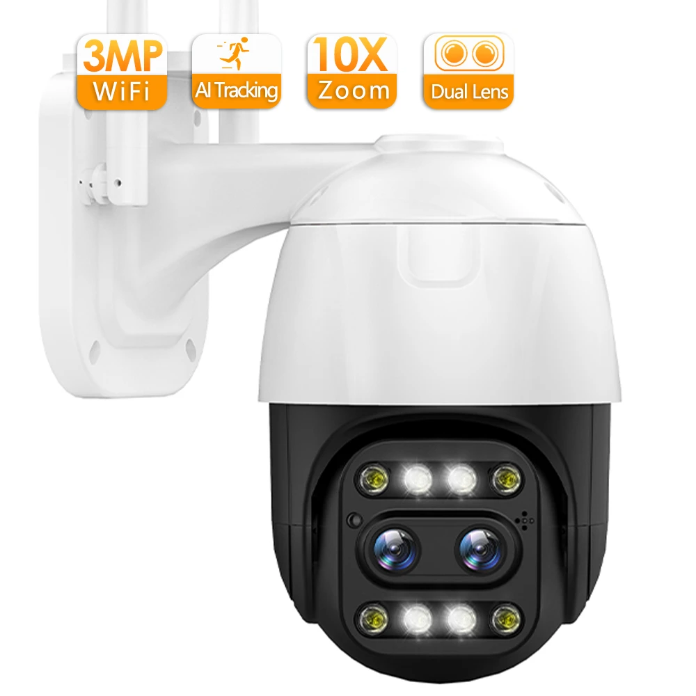 3MP IP Camera WiFi Security CCTV Camera Dual-Lens Color Night Vision 10x Optical Zoom Tracking IP66 Outdoor Surveillance Camera