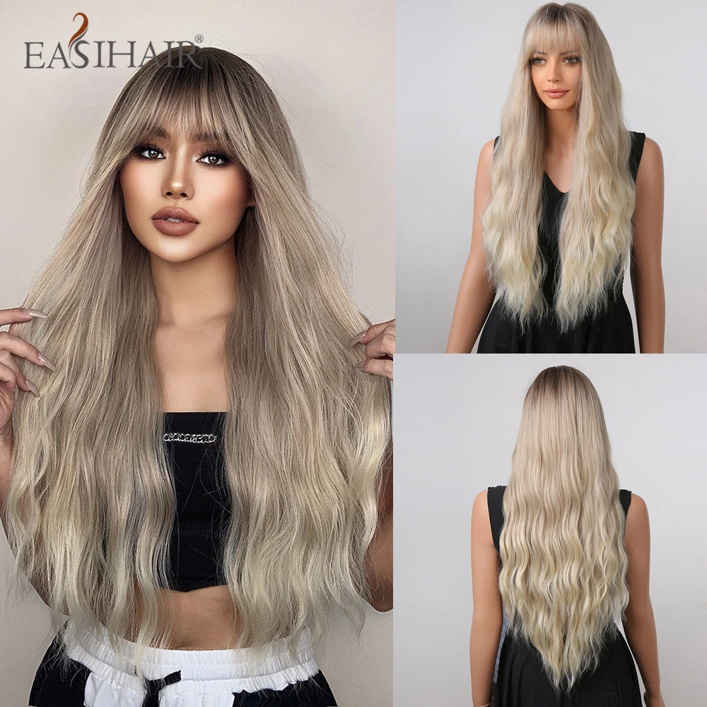 EASIHAIR Synthetic Platinum Blonde Wigs for Women Long Ombre Wavy Wigs with Bangs Natural Middle Part Heat Resistant Daily Party