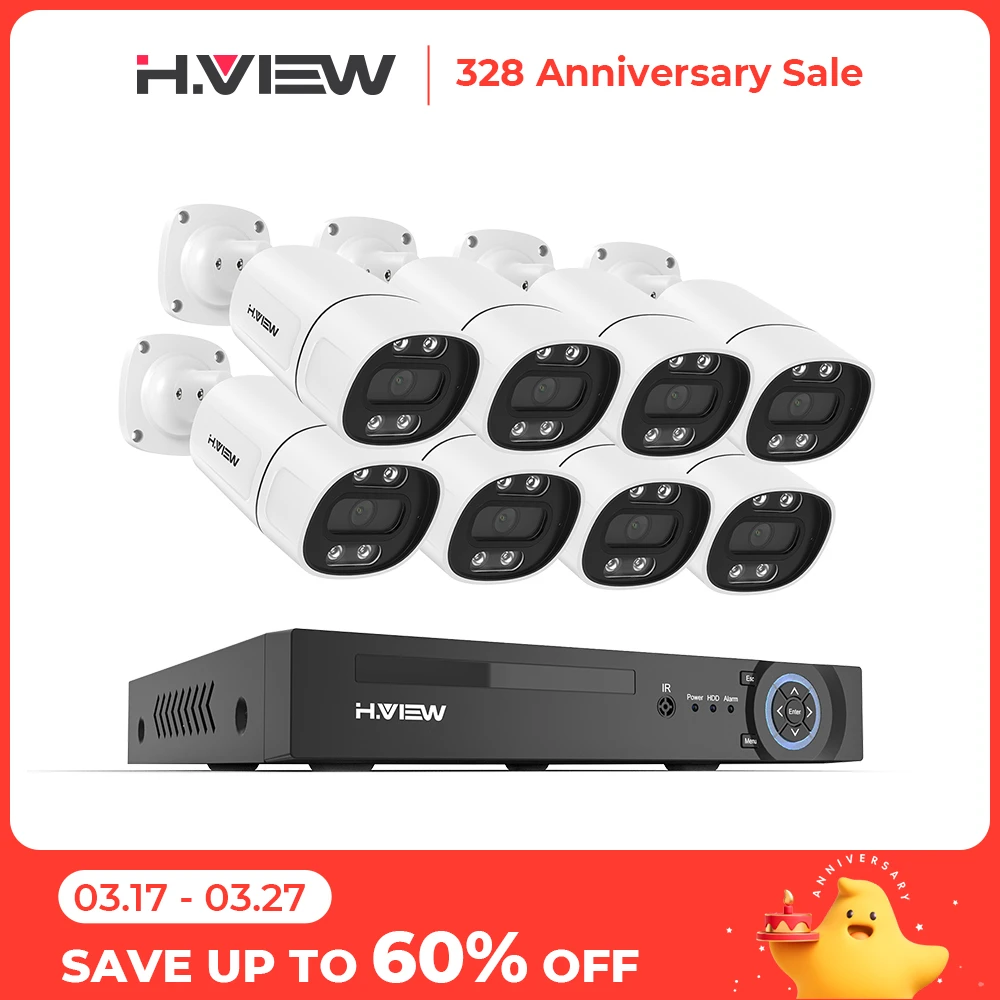 H.View 8Ch 5Mp Cctv Security Cameras System Home Video Surveillance Kit Ai Face Detection Audio Outdoor Ip Camera Poe Nvr Set