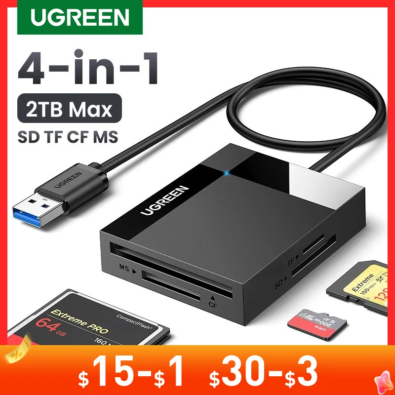 UGREEN USB 3.0 Card Reader SD Micro SD TF CF MS Compact Flash Card Adapter for Laptop Multi Card Reader 4 in 1 Smart Card Reader