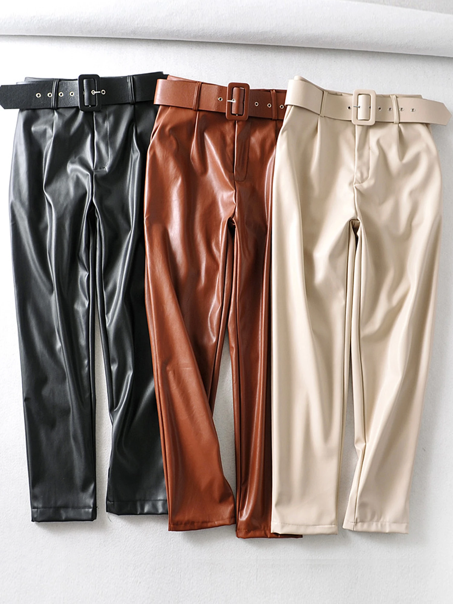 PU Leather High Waisted Pants Women Fashion Loose Faux Leather Trousers Women Elegant Pockets Pants Female Ladies 3 Color Beige
