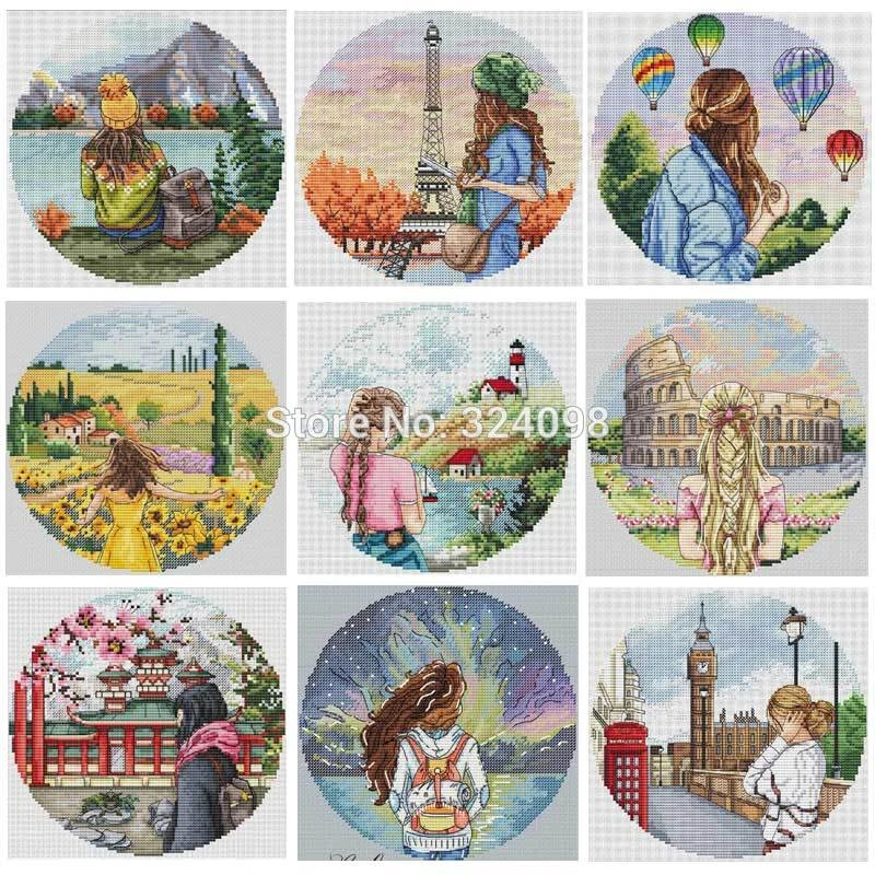 Girly travel patterns Counted Cross Stitch 11CT 14CT 18CT DIY Chinese Cross Stitch Kits Embroidery Needlework Sets