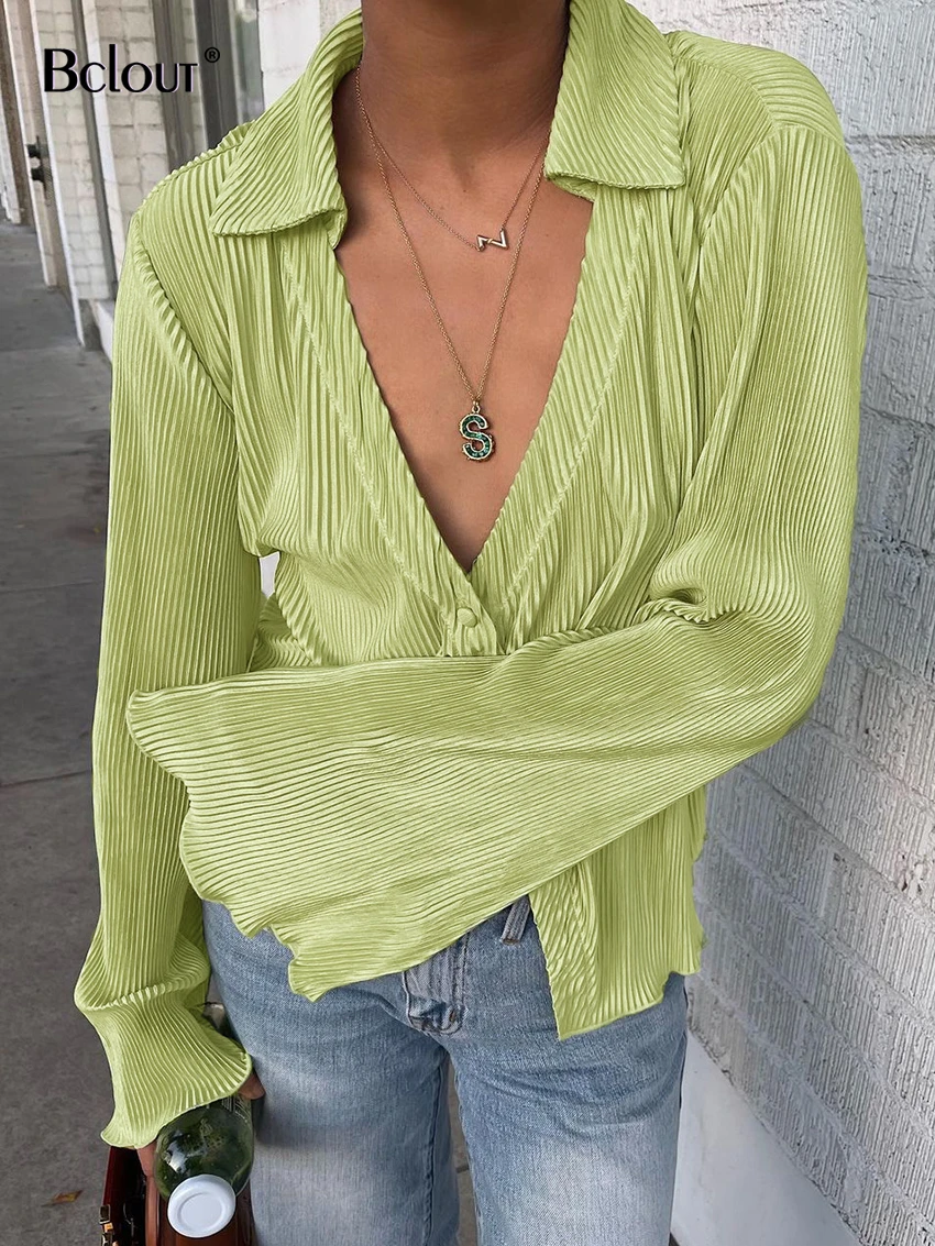 Bclout Green Vintage Flare Sleeve Blouse Shirt Spring Casual Single Breasted Women Top Autumn Oversize Turn Down Collar Shirts