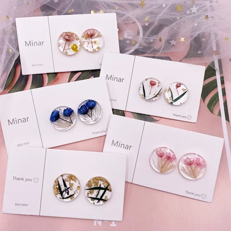 Korean Sweet Clear Resin Real Dye Flowers Statement Earrings for Women Transparent Round Geometric Drop Dangle Earrings Jewelry