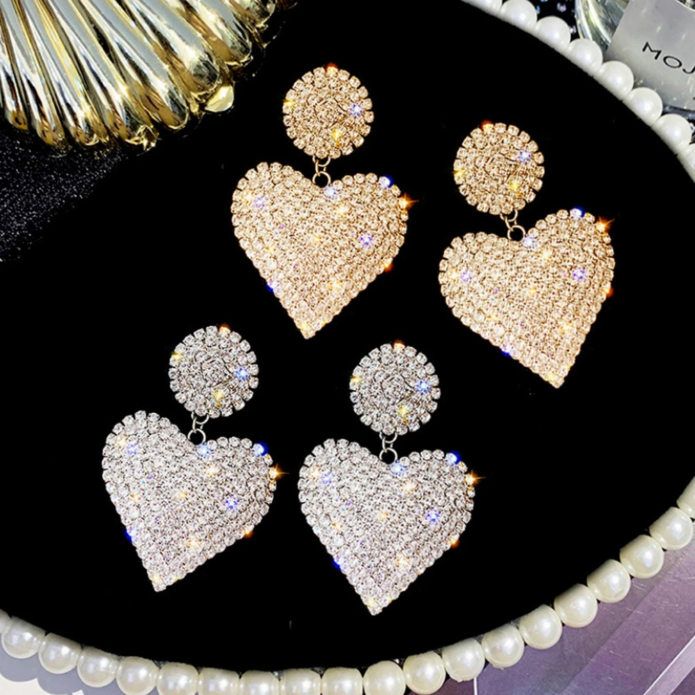 LATS New Heart Earrings Women's Luxurious Geometric Full Rhinestone Earrings Korean Gold/Silver Color Love 2020 Fashion Jewelry