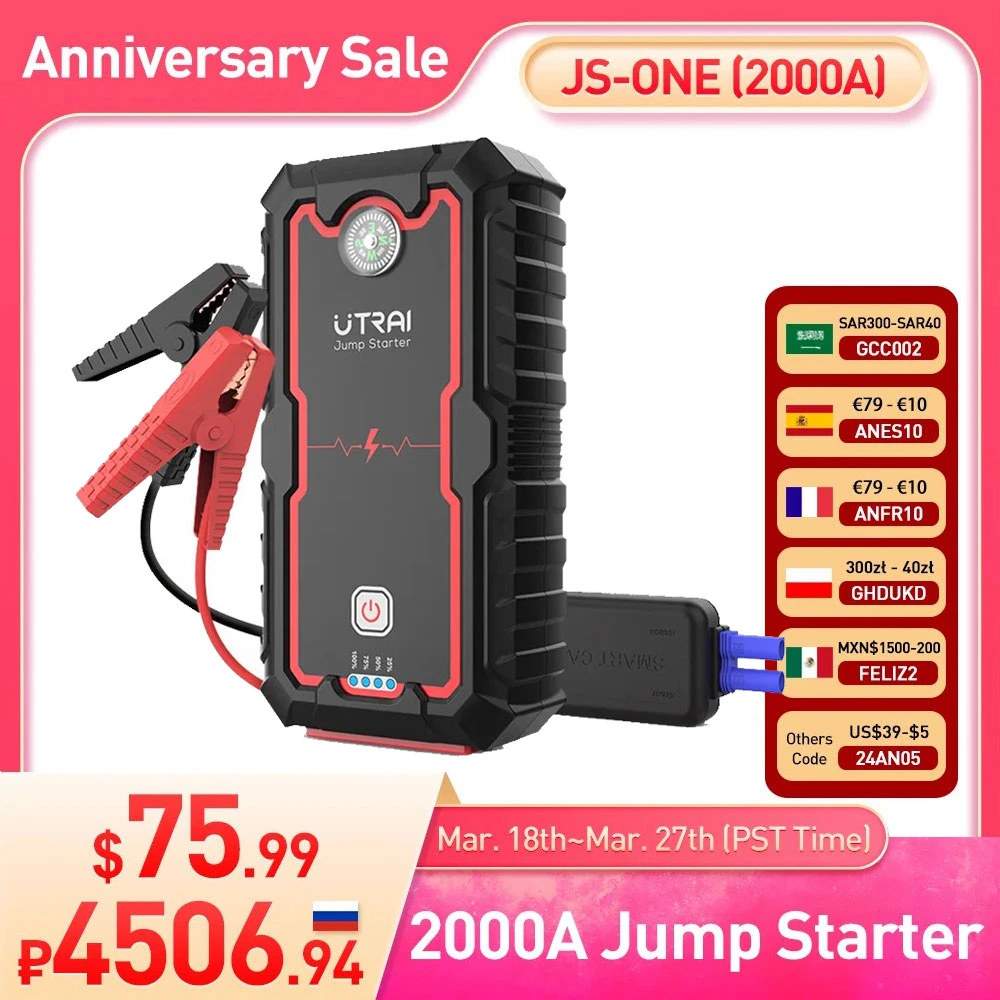 UTRAI 2000A Jump Starter Power Bank 22000mAh Portable Charger Starting Device For 8.0L/6.0L Emergency Car Battery Jump Starter