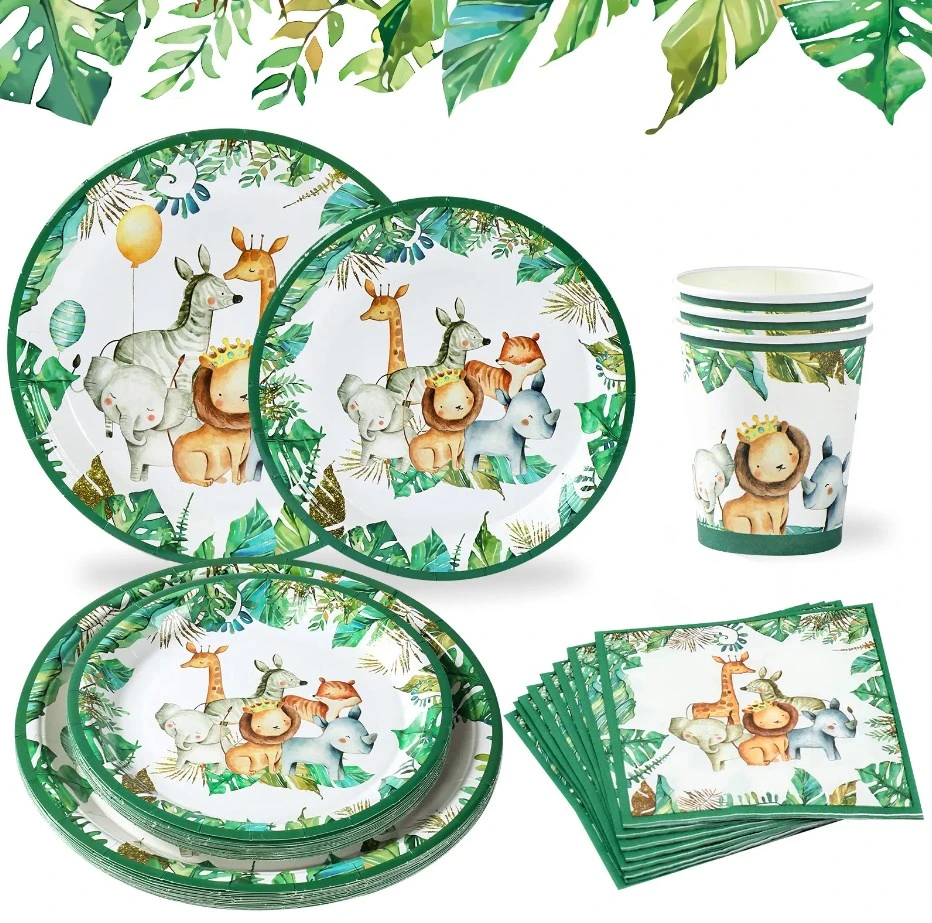 Woodland Jungle Animals Disposable Tableware Jungle Safari Birthday Party Kid Zoo Monkey Lion Zebra Elephant One 1st Boy Forest