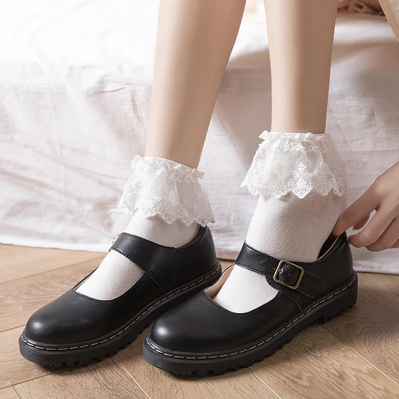 Women Harajuku Sweet Retro Lace Short Socks Lolita Frilly Ruffle Cotton Princess Socks Girls Soft Comfortable Solid Ankle Socks