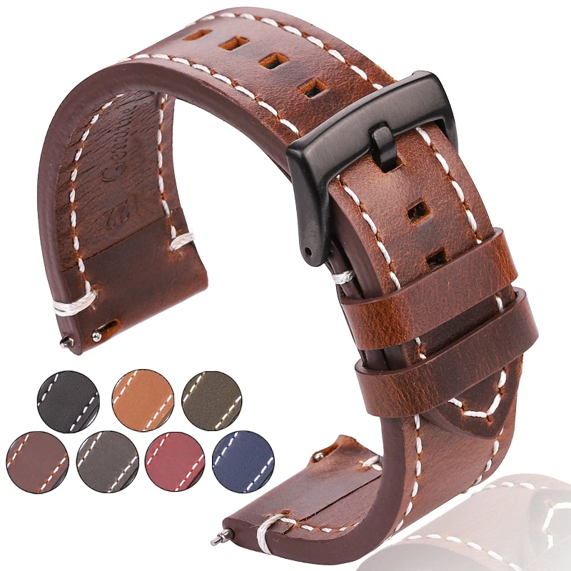 HENGRC Cowhide Genuine Leather Watchband Belt 18 20 22 24mm Men Women Thick Handmade Retro Watch Band Strap Metal Buckles