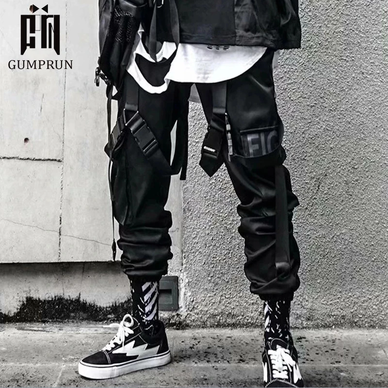 2020 Joggers Cargo Pants for Men Casual Hip Hop Hit Color Pocket Male Trousers Sweatpants Streetwear Ribbons Techwear Pants