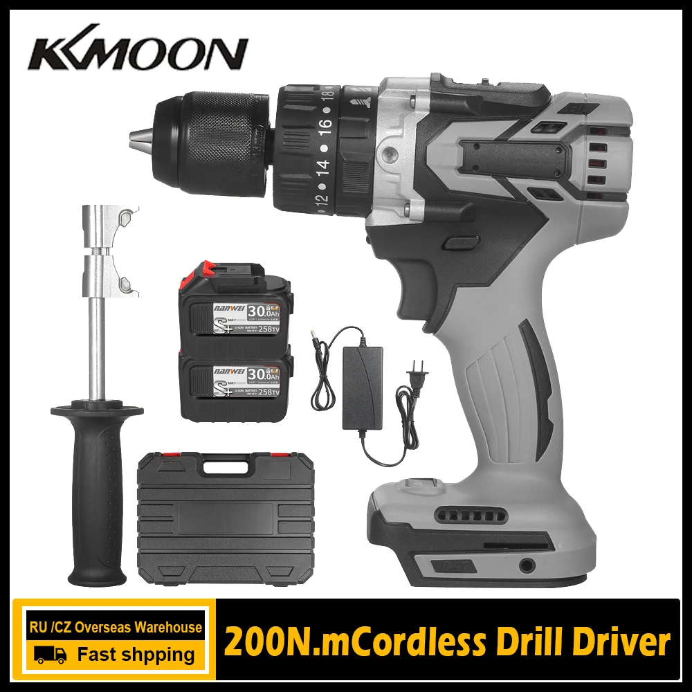 Cordless Drill Driver  200N.m 1/2In Metal Keyless Chuck 20+3 Position 0-1550RMP Variable Speed Impact Hammer Drill Screwdriver