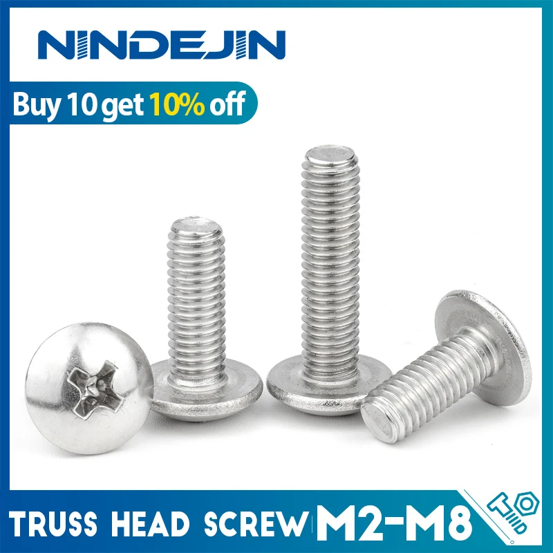 NINDEJIN Cross Recessed Truss Head Machine Screws M3 M4 M5 M6 M8 Mushroom Big Flat Head Screw 304 Stainless Steel Philips Screw