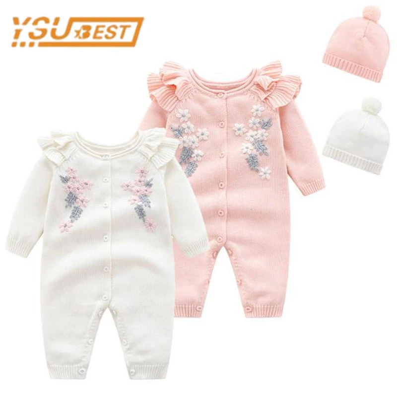 Kids New 2021 Spring Autumn Girl Embroidery Rompers + Hat Baby Girl Newborn Rompers Clothes Baby Girl Rompers