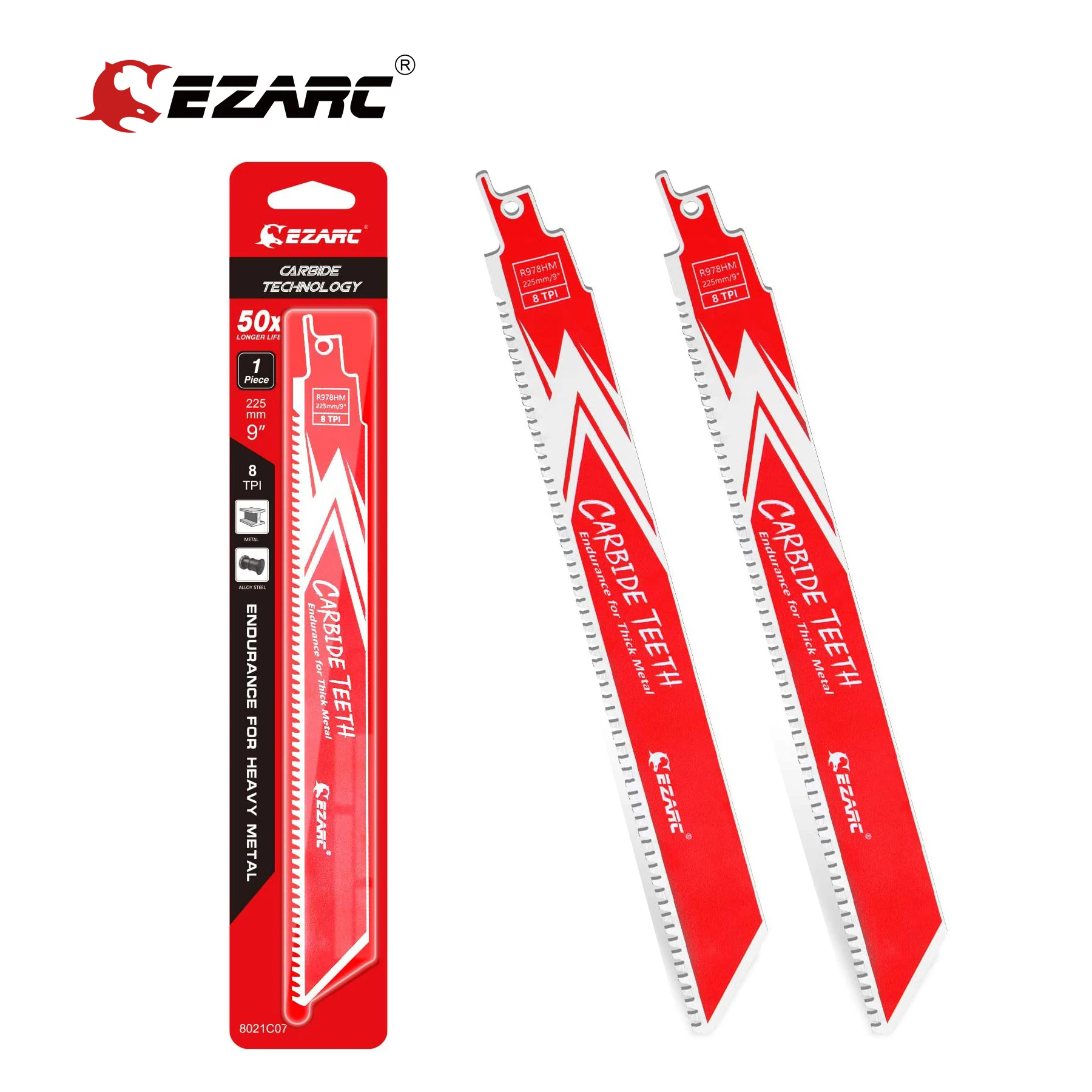 EZARC Carbide Reciprocating Saw Blade R978HM Endurance for Thick Metal, Cast Iron, Alloy Steel 9-Inch 8TPI, 1/2/3 Pack