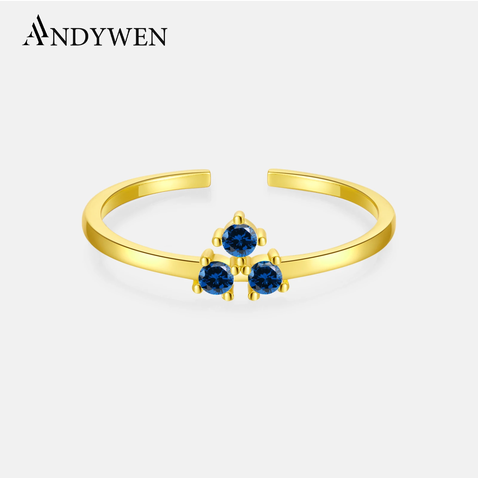 ANDYWEN 925 Sterling Silver Three Zircon Colorful Resizable Rings Summer Collection Rainbow luxury Slim Circle Jewelry For Party