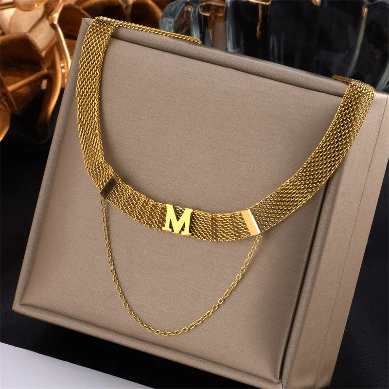 XIYANIKE 316L Stainless Steel Wide Gold Color Letter Necklaces Charms Simple Chain Choker Necklaces 2021 Fashion Girl's Jewelry