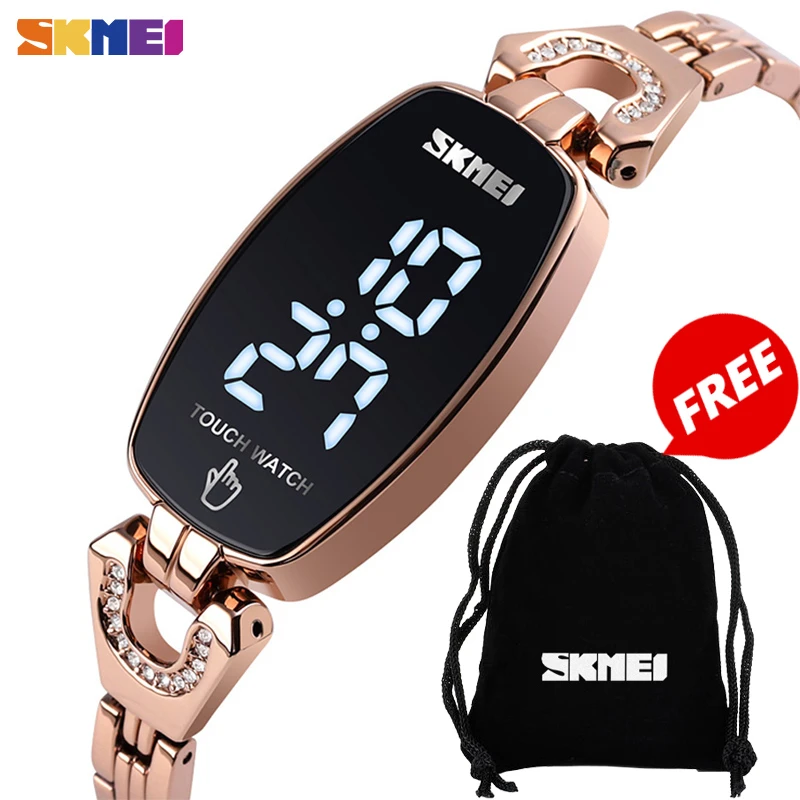 SKMEI LED Touch Women Watches Fashion Diamond Slim Digital Women Wristwatches Stainless Steel Strap Waterproof reloj mujer 1588