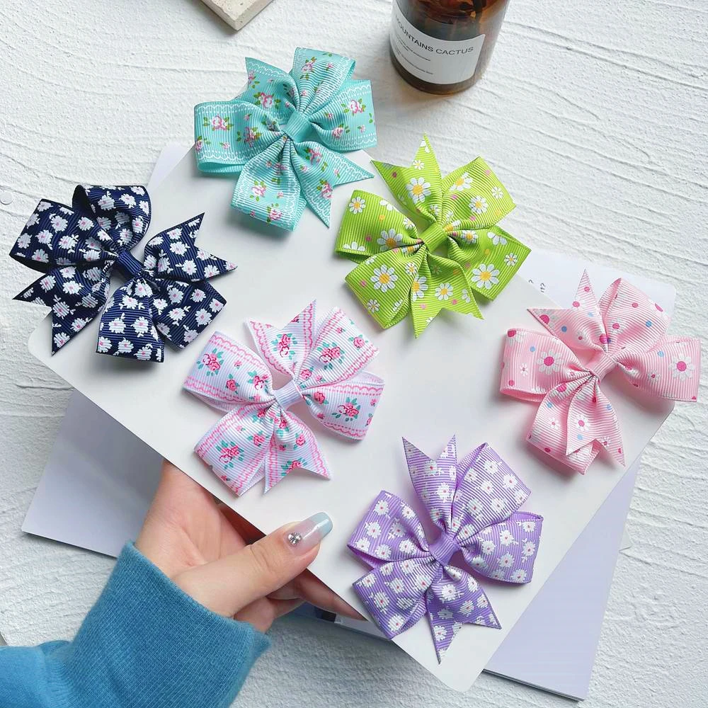 1Piece Grosgrain Ribbon Hair Bows With Clip For Baby Girls Printed Flower Hair Clips Handmade Barrette Headwear Hair Accessories